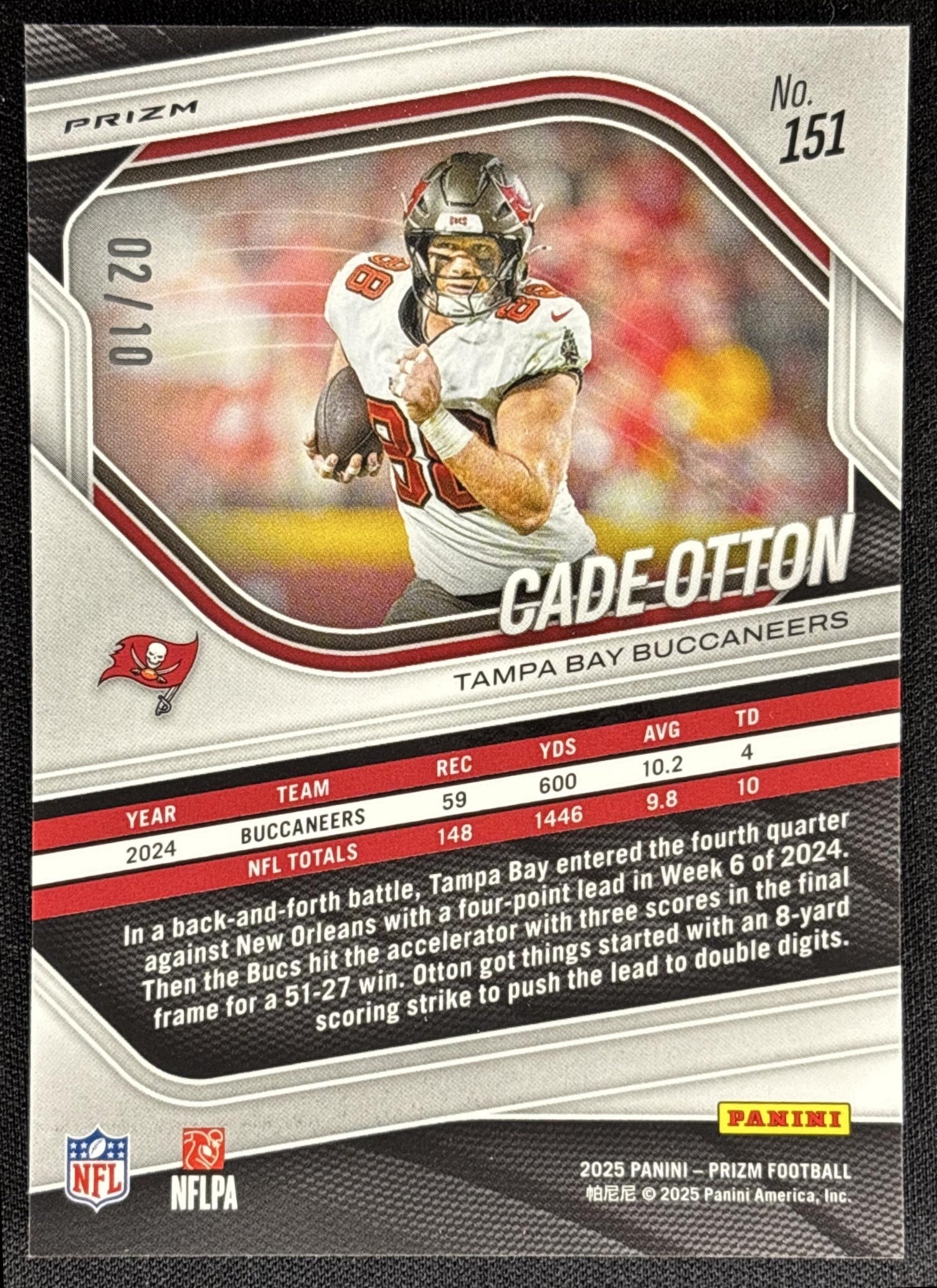 Cade Otton 2025 Panini Prizm No Huddle Neon Green /10 Buccaneers - back