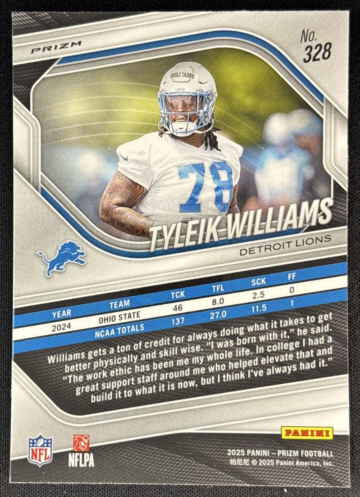 Tyleik Williams 2025 Panini Prizm Neon Green Pulsar Lions back
