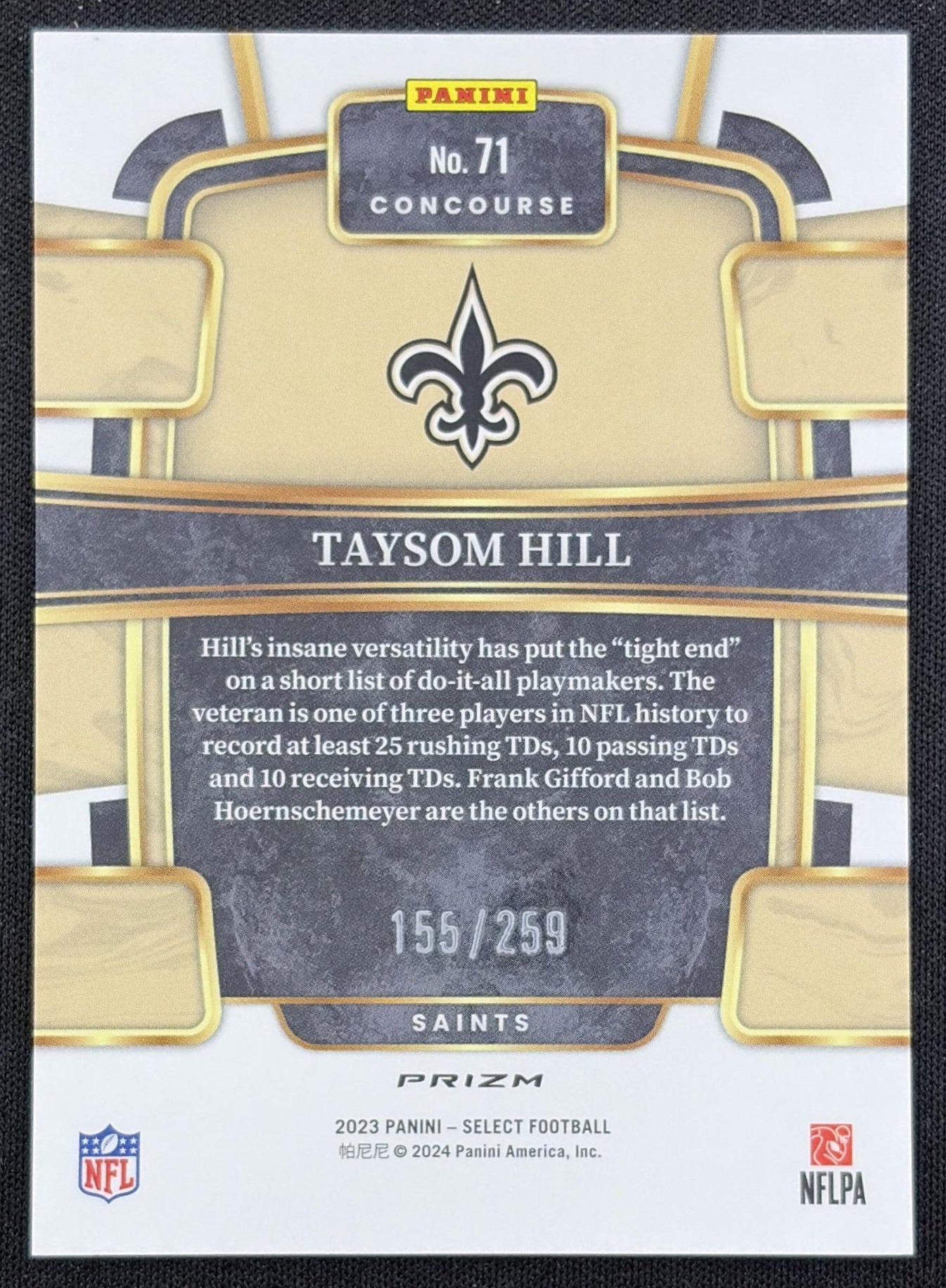 Taysom Hill 2023 Panini Select Tri Color Prizms /259 Saints