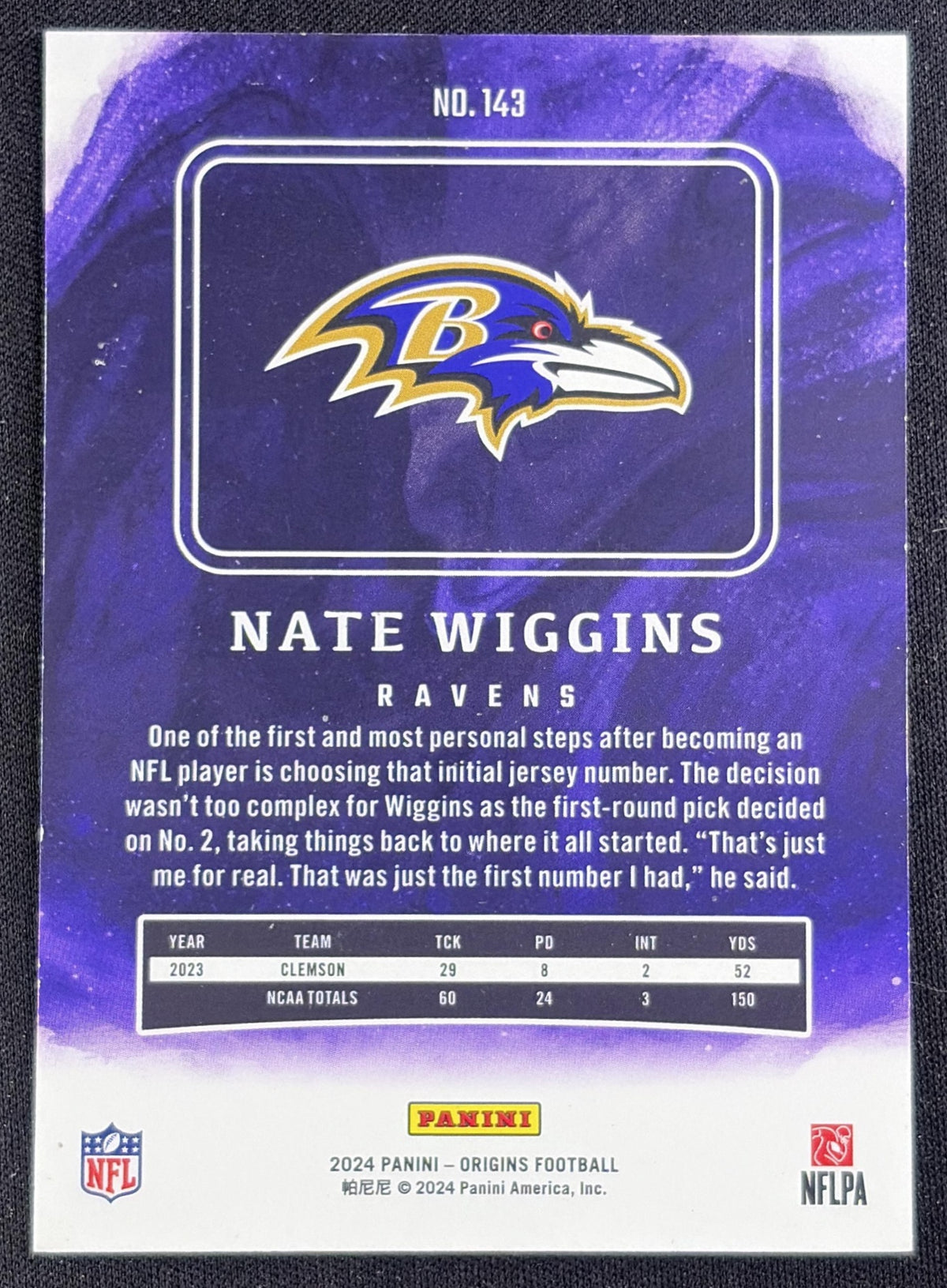 Nate Wiggins 2024 Panini Origins Rookies Ravens