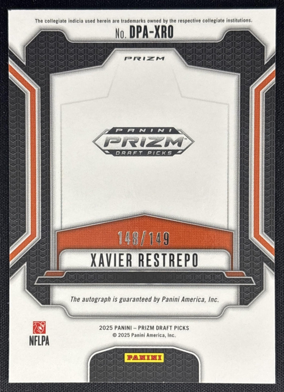 Xavier Restrepo 2025 Panini Prizm Draft Picks Auto Blue Ice /149 Hurricanes back
