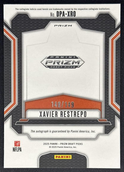 Xavier Restrepo 2025 Panini Prizm Draft Picks Auto Blue Ice /149 Hurricanes back