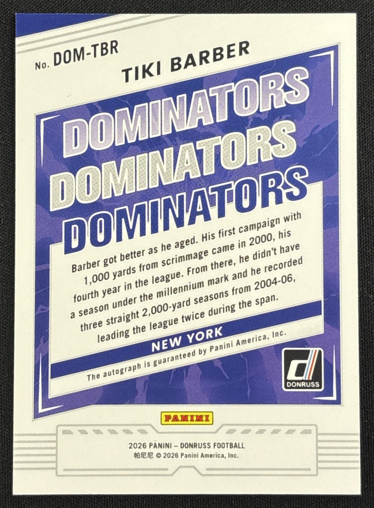 Tiki Barber 2026 Panini Donruss Dominators Auto /99 Giants sports trading card back