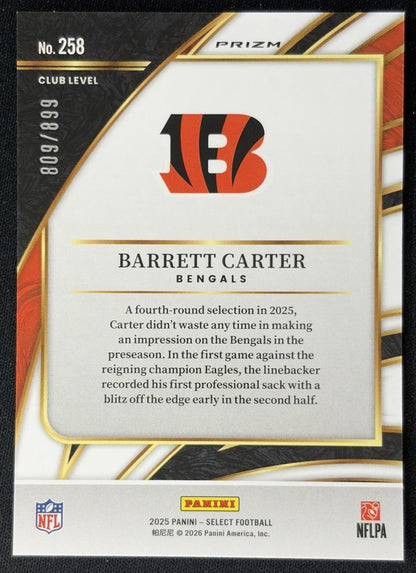 Barrett Carter 2025 Panini Select Club Level Copper Prizm Shock /899 Bengals back