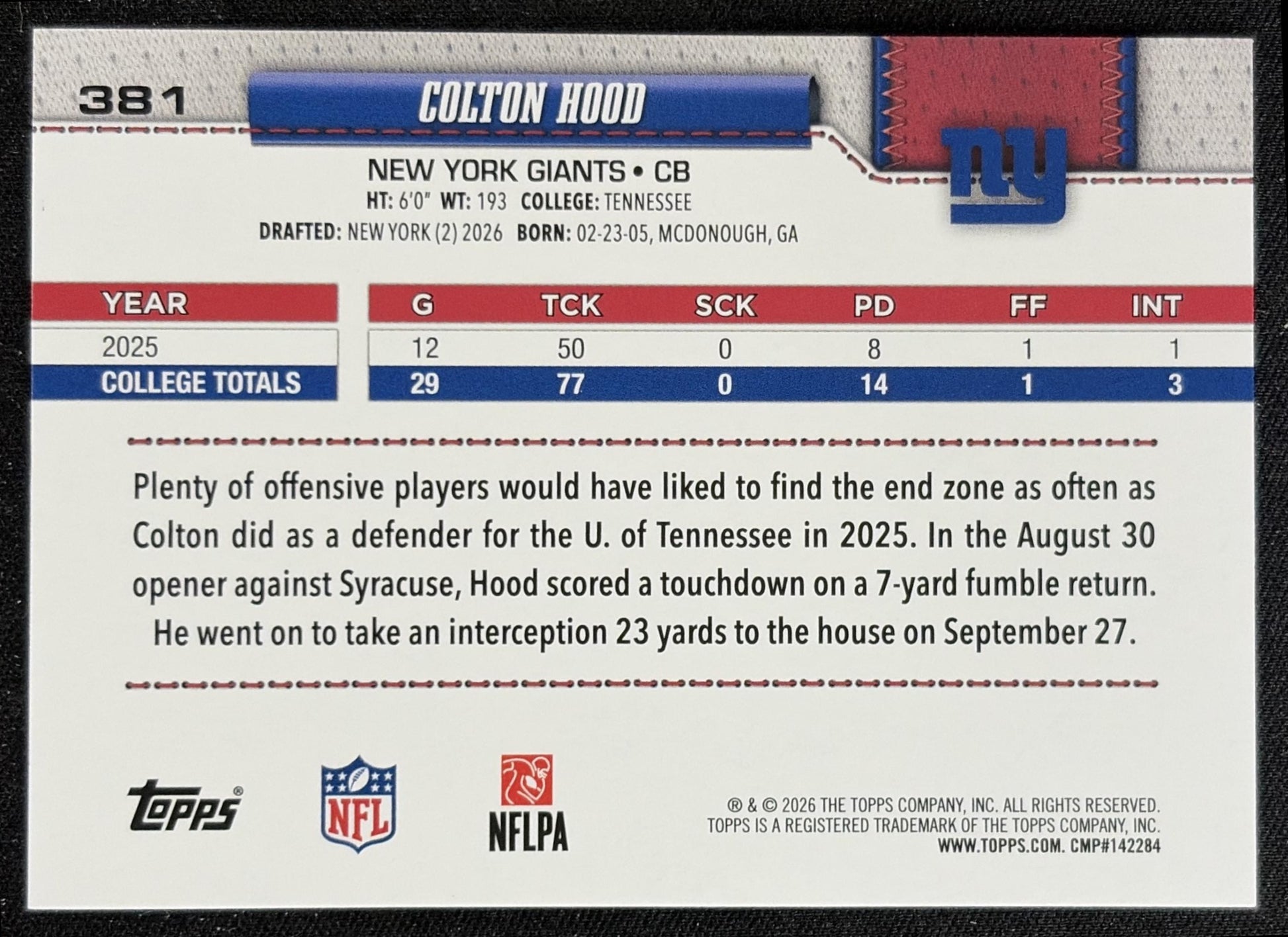 Colton Hood 2026 Topps Rainbow Foil Giants back