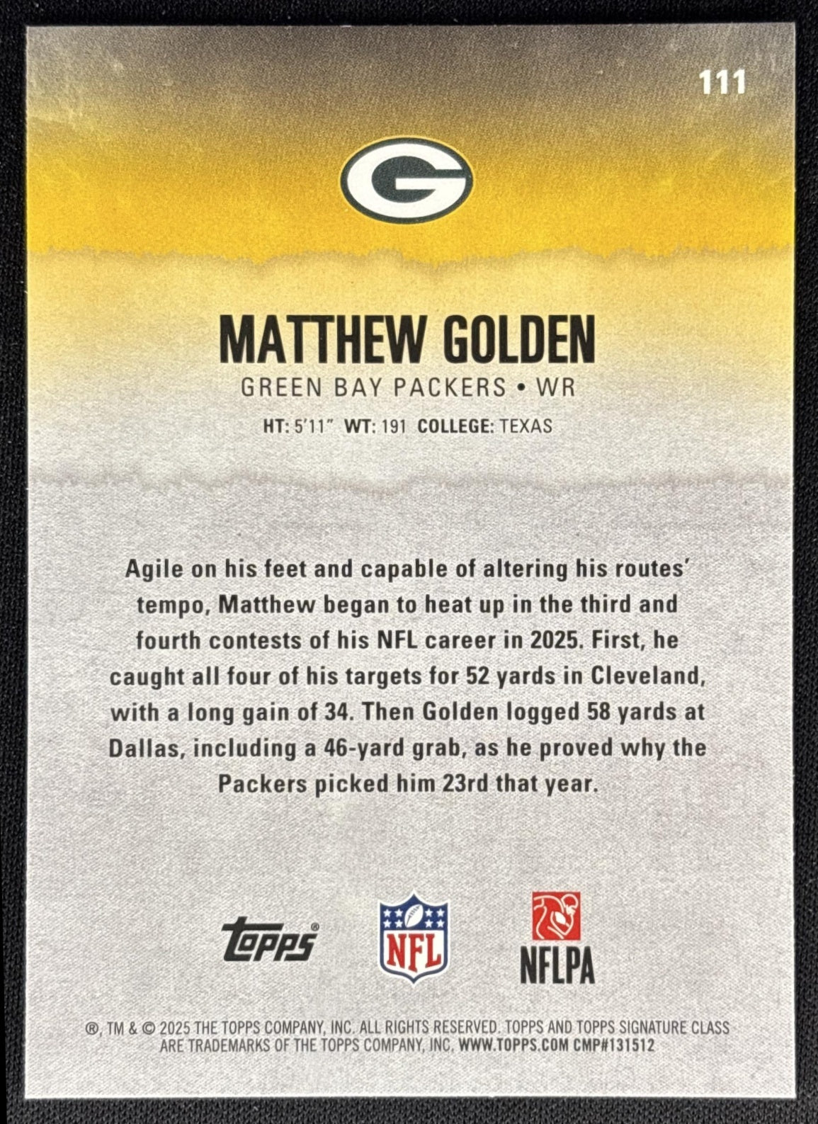 Matthew Golden 2025 Topps Signature Class Rookie Packers back