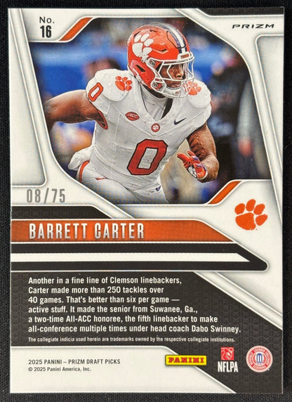 Barrett Carter 2025 Prizm Draft Picks Orange Pulsar /75 Tigers sports trading card
