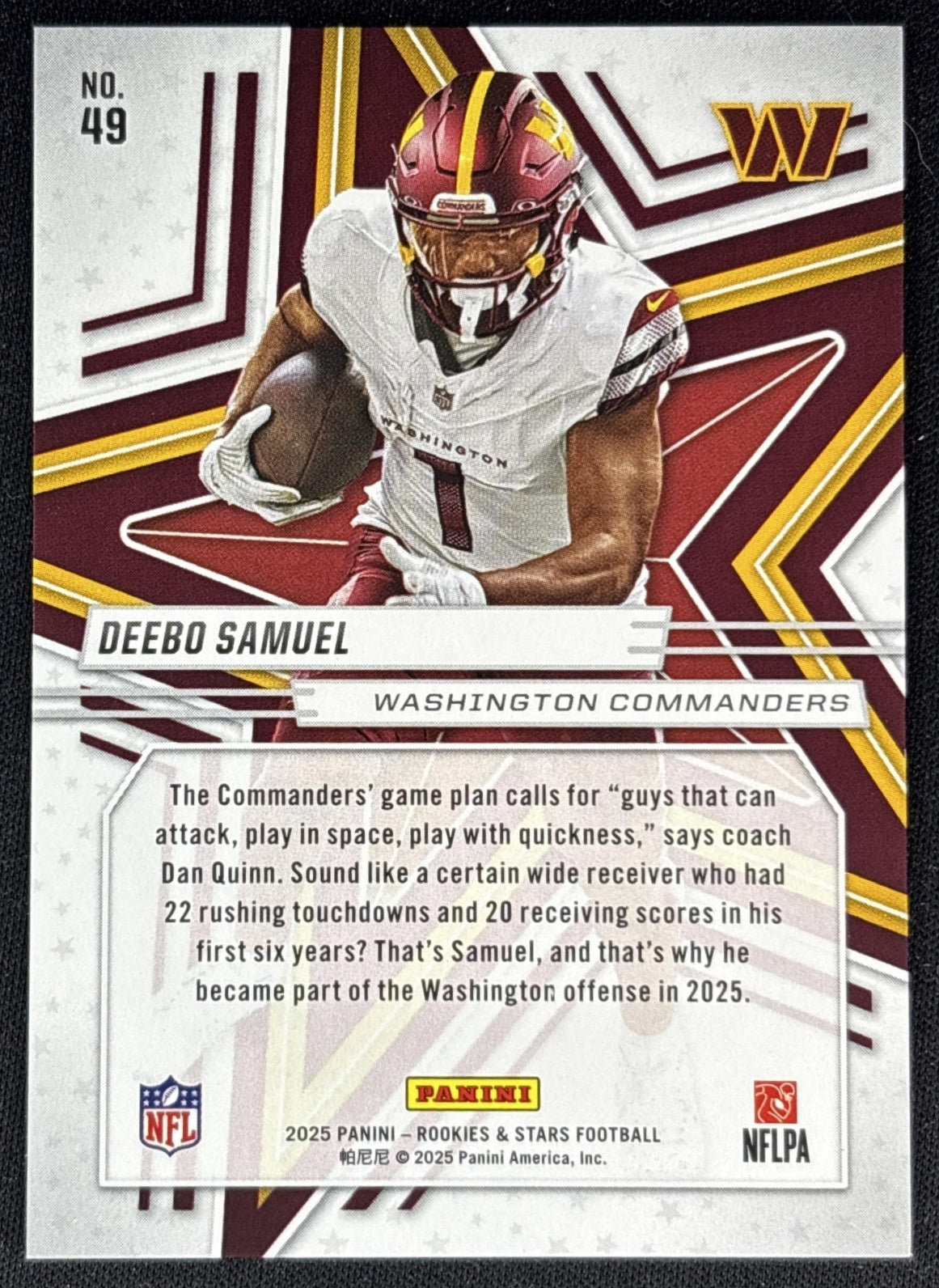 Deebo Samuel 2025 Panini Rookies & Stars Orange /249 Commanders back