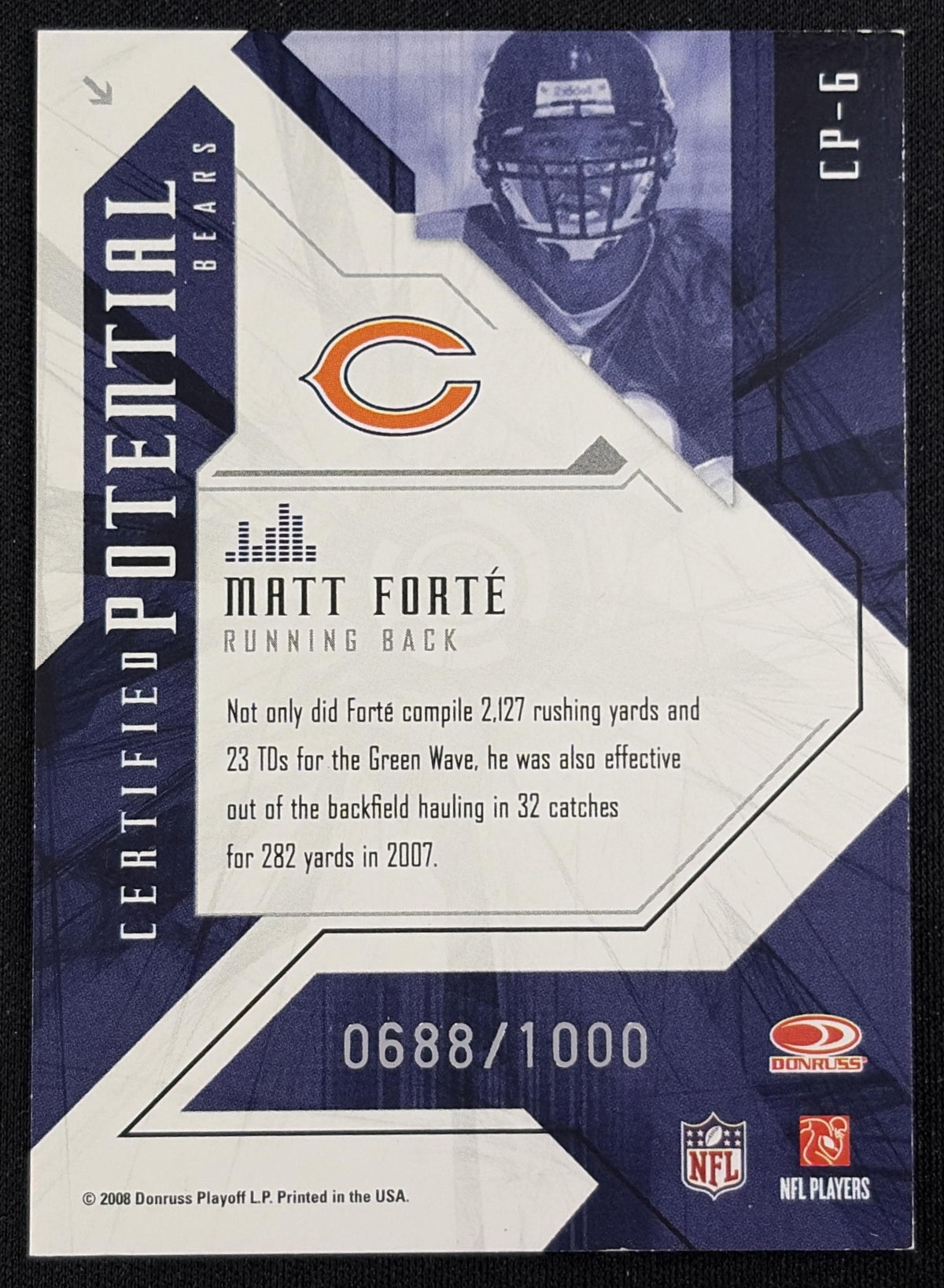 Matt Forte 2008 Leaf Certified Materials Certified Potential /1000 Bears - back