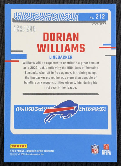 Dorian Williams 2023 Panini Donruss Optic Aqua Prizm /299 Bills
