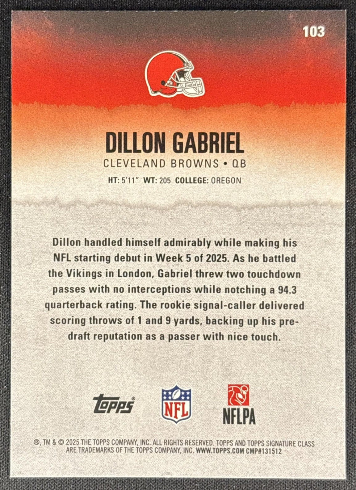 Dillon Gabriel 2025 Topps Signature Class Rookie Blue & Yellow Foil Browns - Back