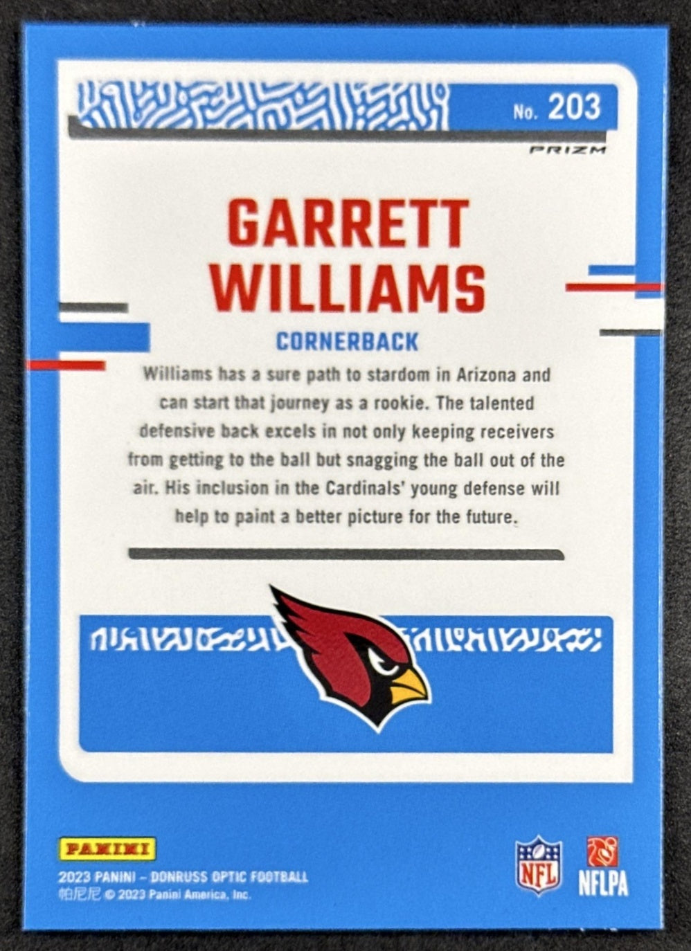 Garrett Williams 2023 Panini Donruss Optic Blue Hyper Prizm Cardinals Back