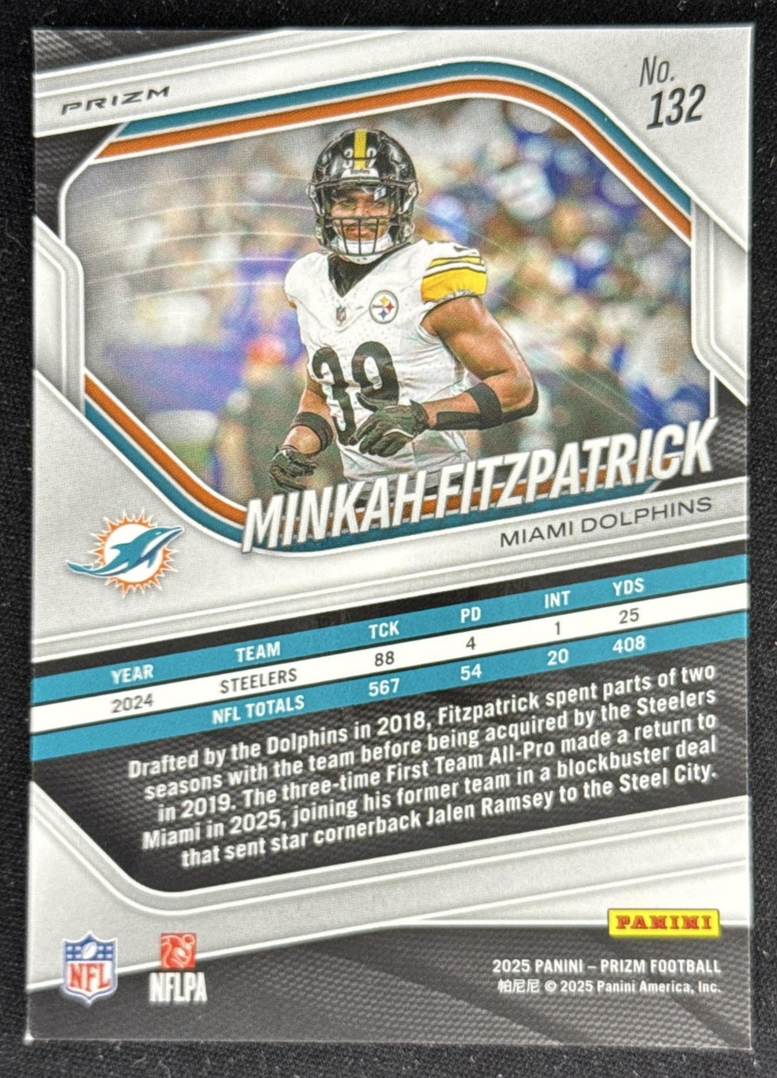 Minkah Fitzpatrick 2025 Panini Prizm Red White & Blue Dolphins Miami Dolphins Sports Trading Card