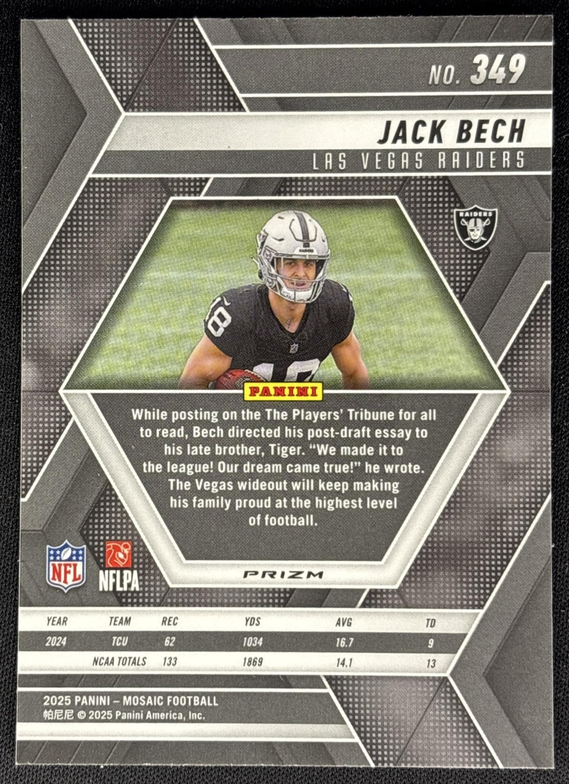 Jack Bech 2025 Panini Mosaic Rookies Green Prizm Raiders back