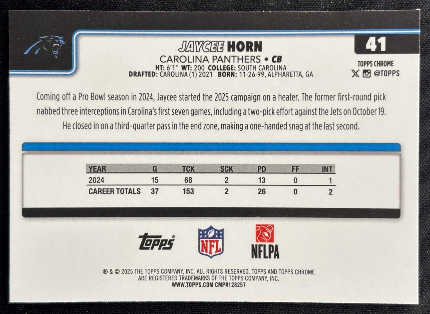 Jaycee Horn 2025 Topps Chrome Football Leather Refractor Panthers Sports Trading Cards