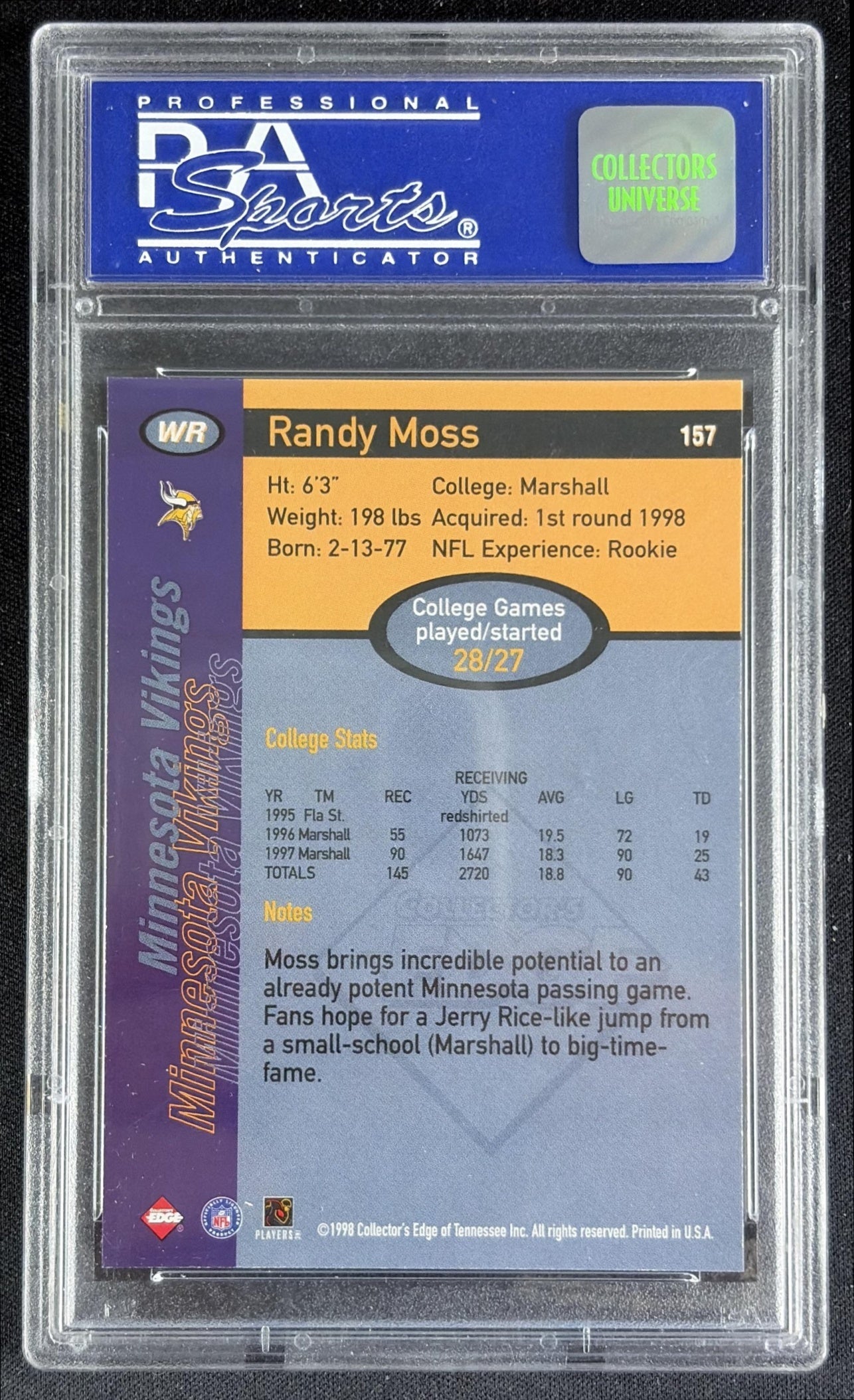 Randy Moss 1998 Collector's Edge First Place Record Setters PSA 9 Vikings 10791945 - back