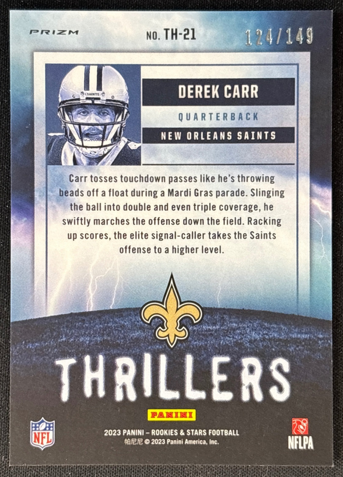 Derek Carr 2023 Rookies & Stars Thrillers White /149 Saints - Back | Wayne Collection