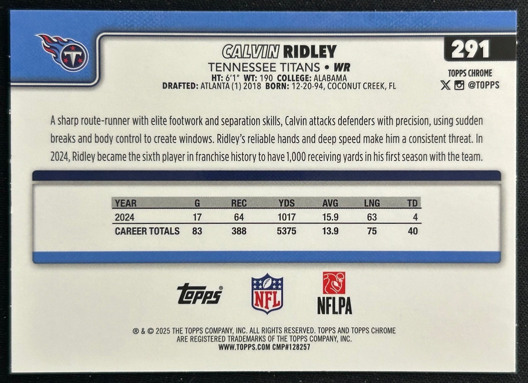 Calvin Ridley 2025 Topps Chrome Titans Sports Trading Cards