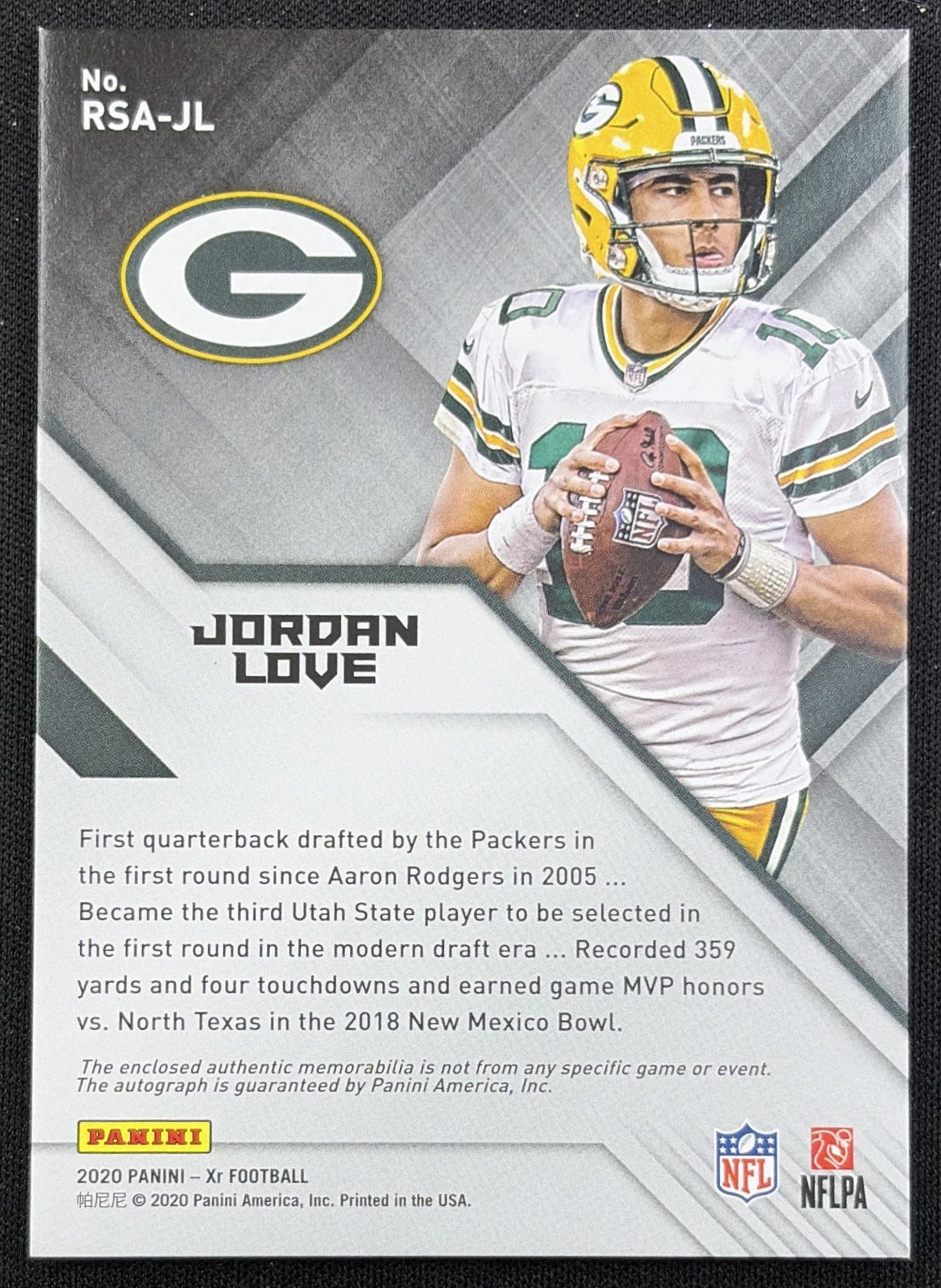 Jordan Love 2020 Panini XR Rookie Swatch Auto /75 Packers Green Bay Packers