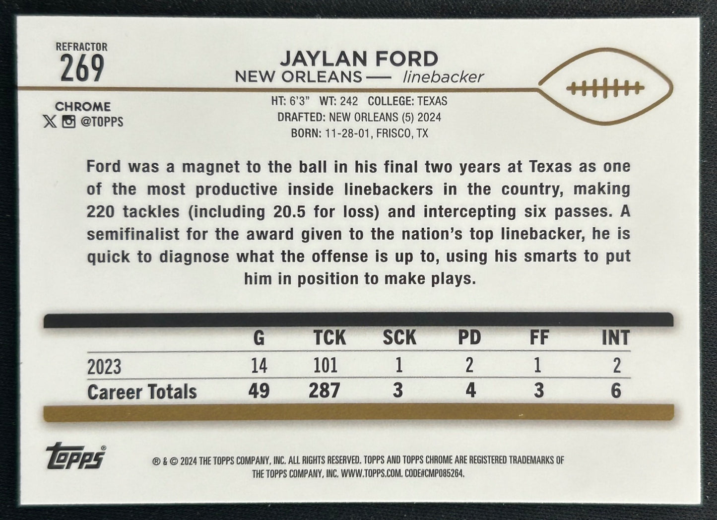 Jaylan Ford 2024 Topps Chrome Refractor Saints Sports Trading Cards