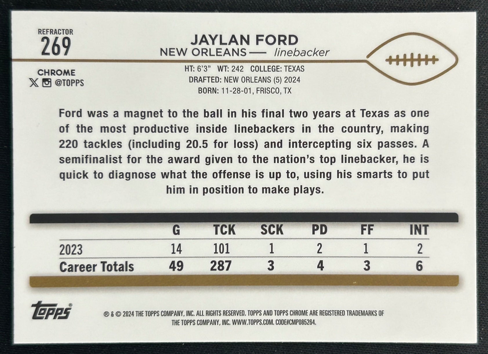 Jaylan Ford 2024 Topps Chrome Refractor Saints Sports Trading Cards