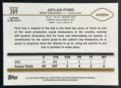 Jaylan Ford 2024 Topps Chrome Refractor Saints Sports Trading Cards