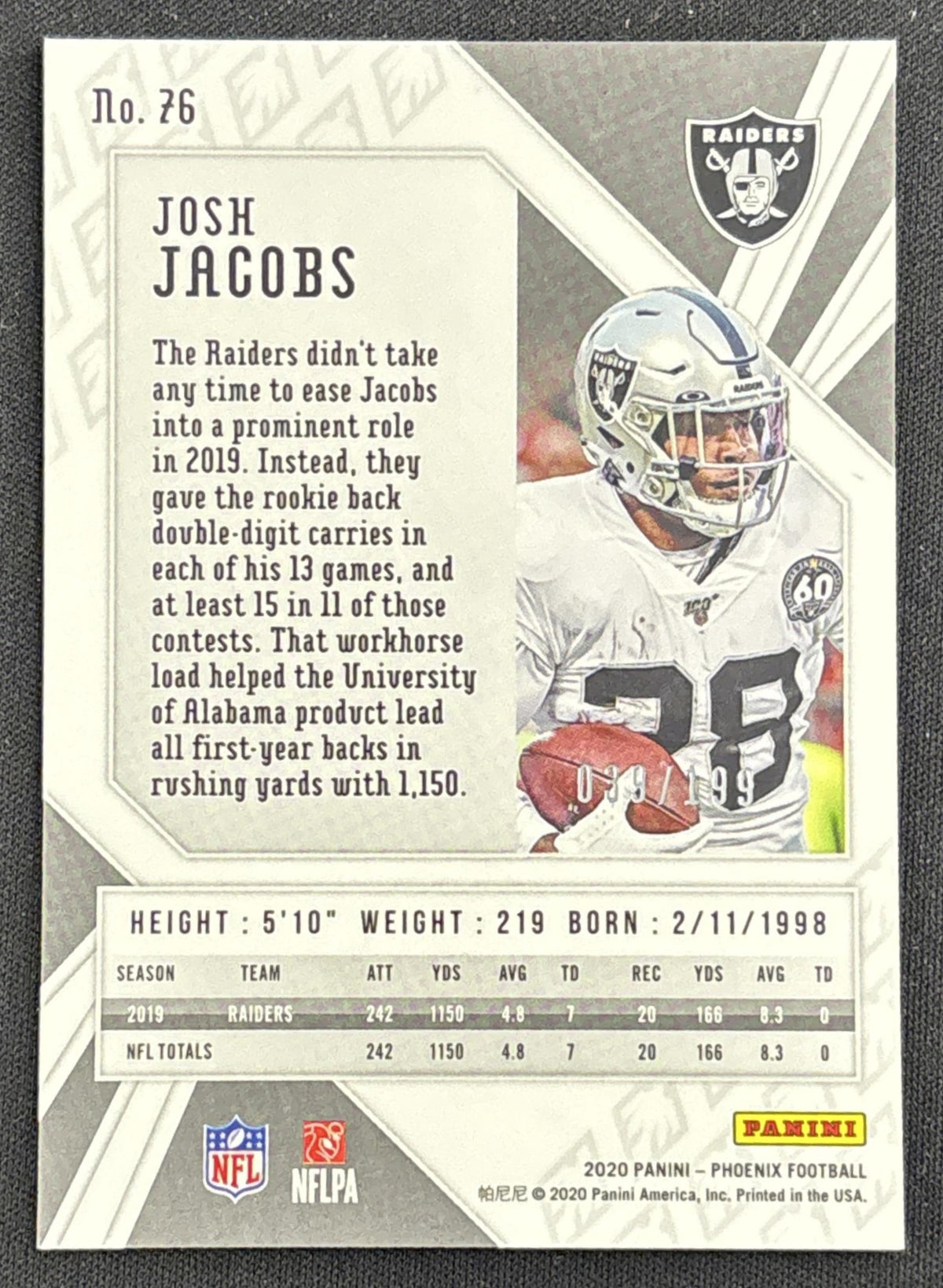 Josh Jacobs 2020 Panini Phoenix Pink /199 Raiders