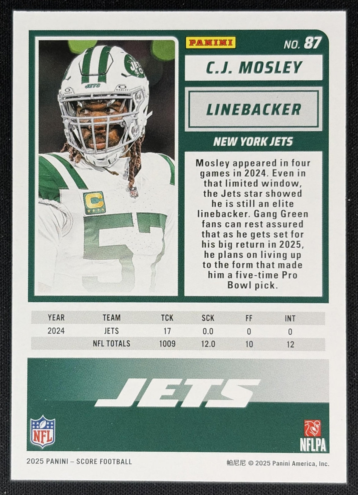 C.J. Mosley 2025 Panini Score Lava /799 Jets back