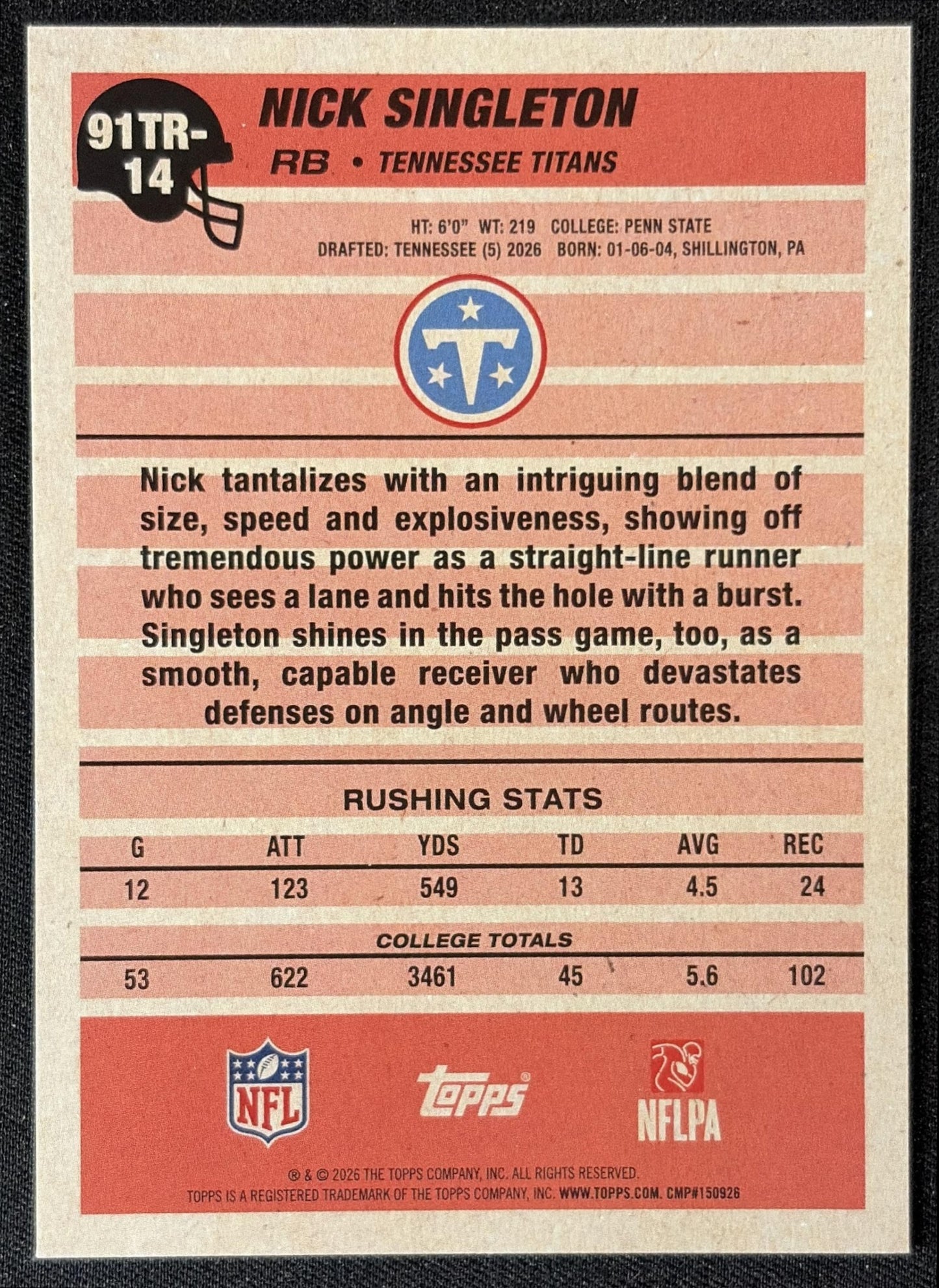 Nick Singleton 2026 Topps 1991 Rookie Titans back