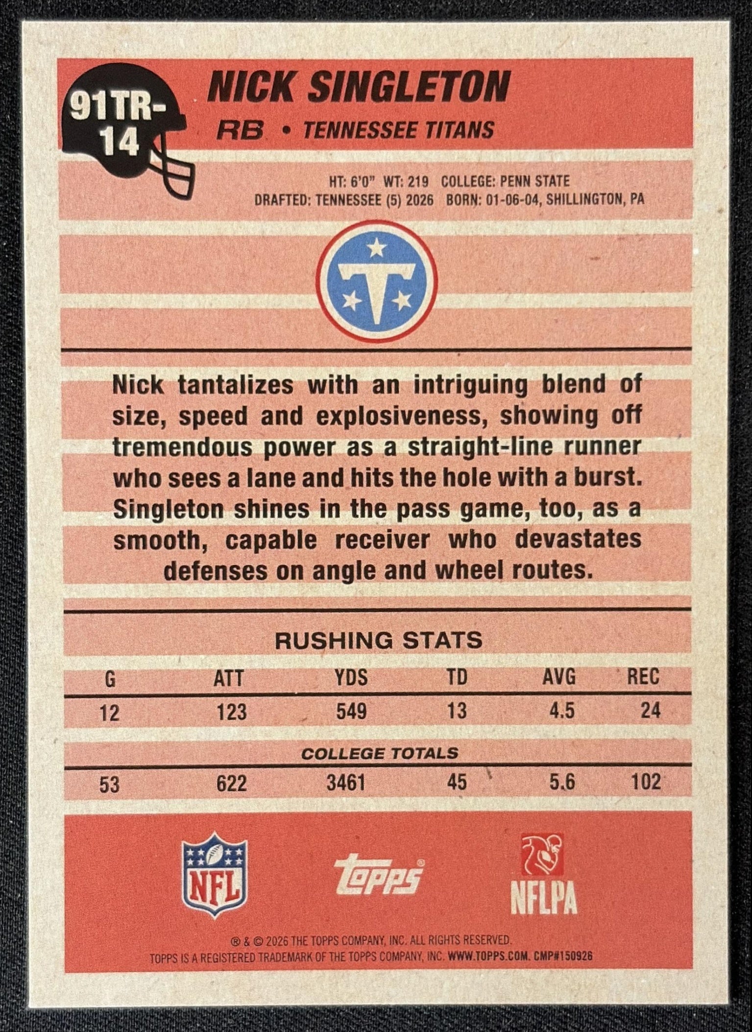 Nick Singleton 2026 Topps 1991 Rookie Titans back