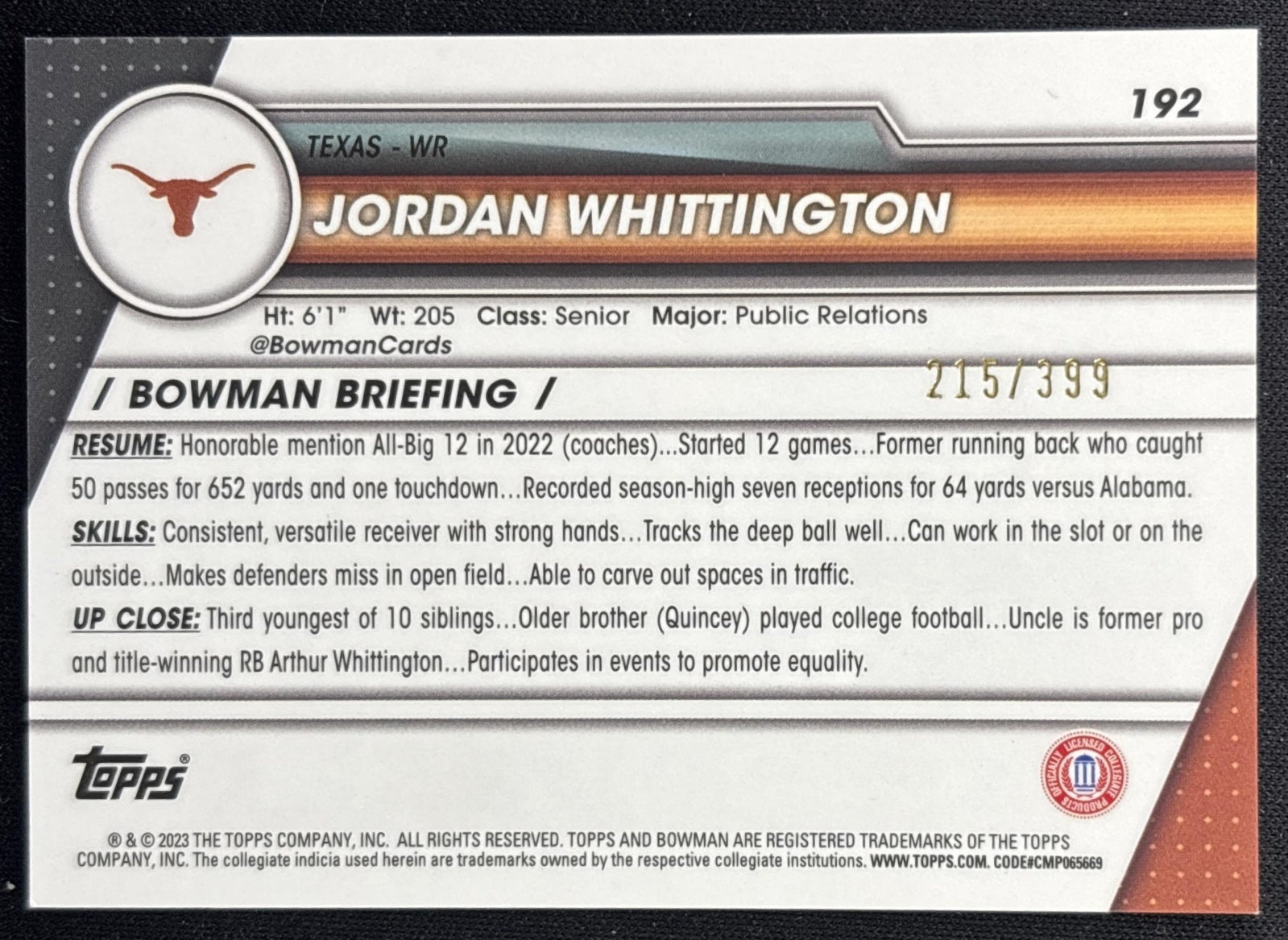 Jordan Whittington 2023 University Chrome Purple Mini Diamond Refractor /399 Longhorns back