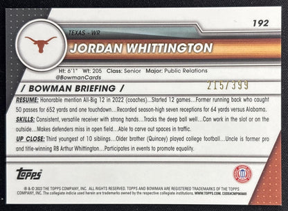 Jordan Whittington 2023 University Chrome Purple Mini Diamond Refractor /399 Longhorns back