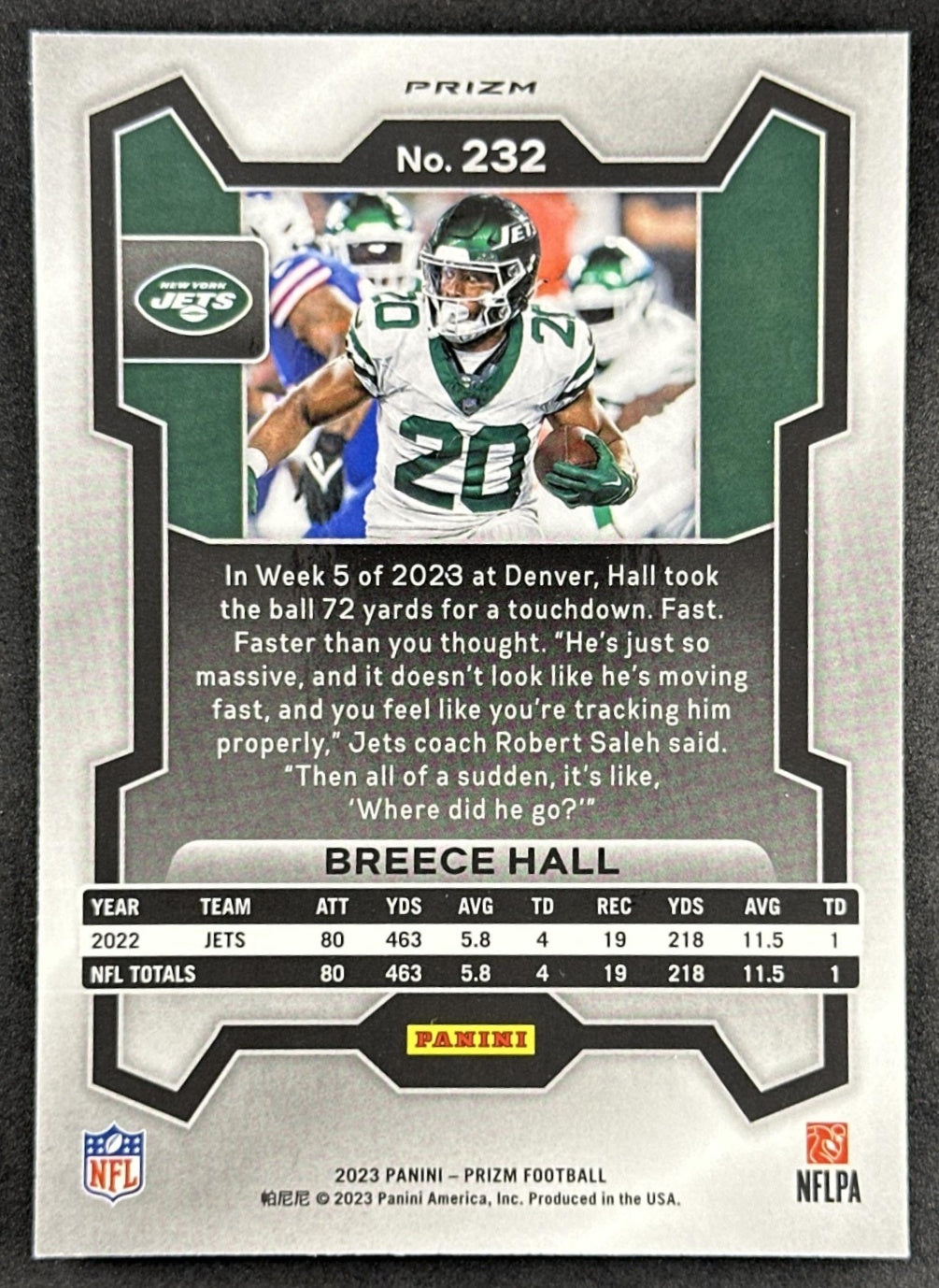 Breece Hall 2023 Panini Prizm Silver Jets Sports Trading Card