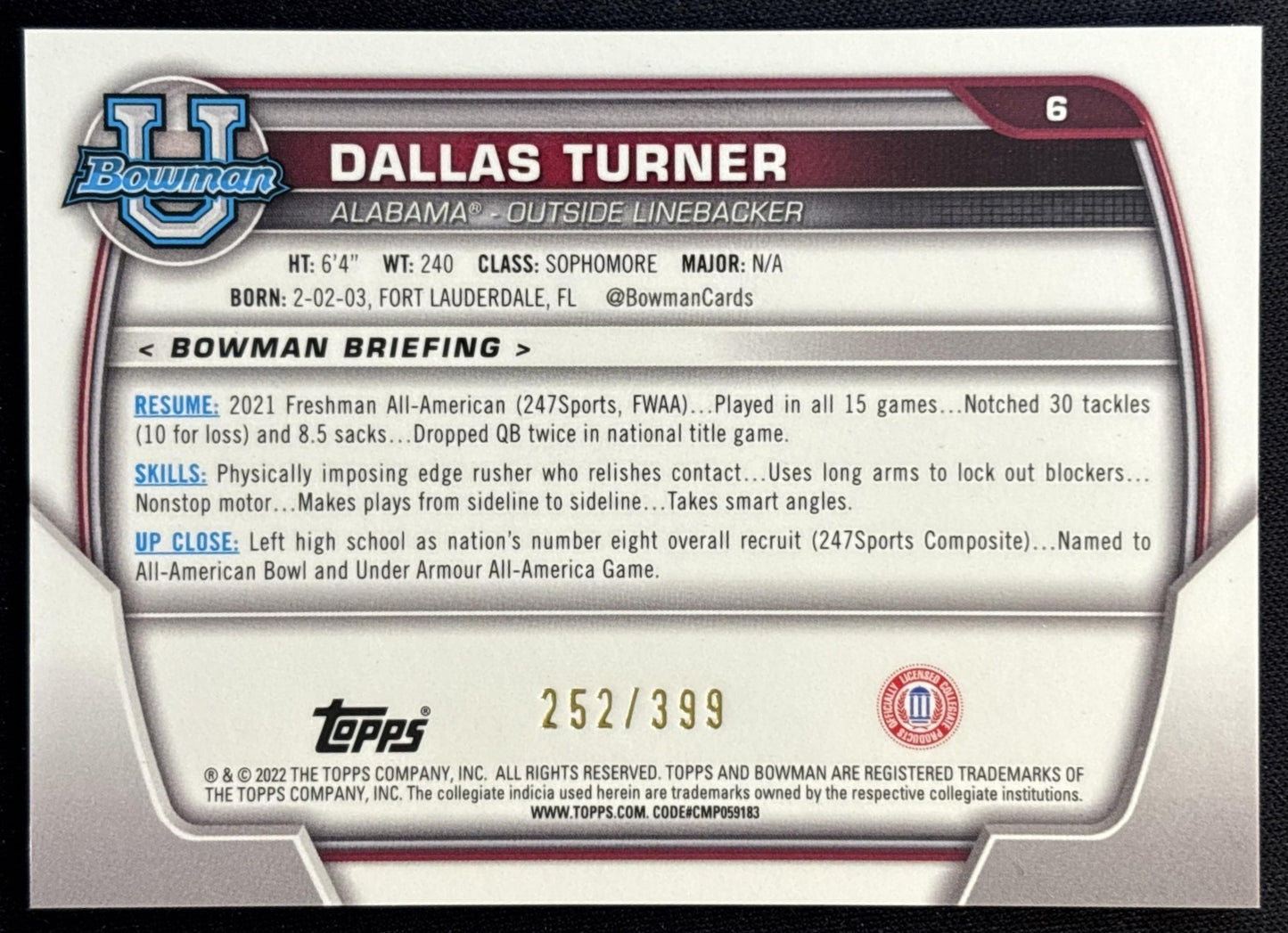 Dallas Turner 2022 University Chrome Purple Mini Diamond Refractor /399 Crimson Tide back