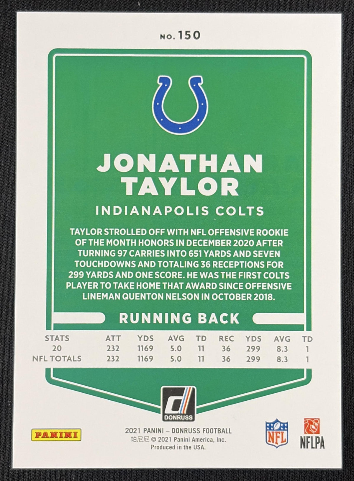 Jonathan Taylor 2021 Panini Donruss Season Stat Line /500 Colts
