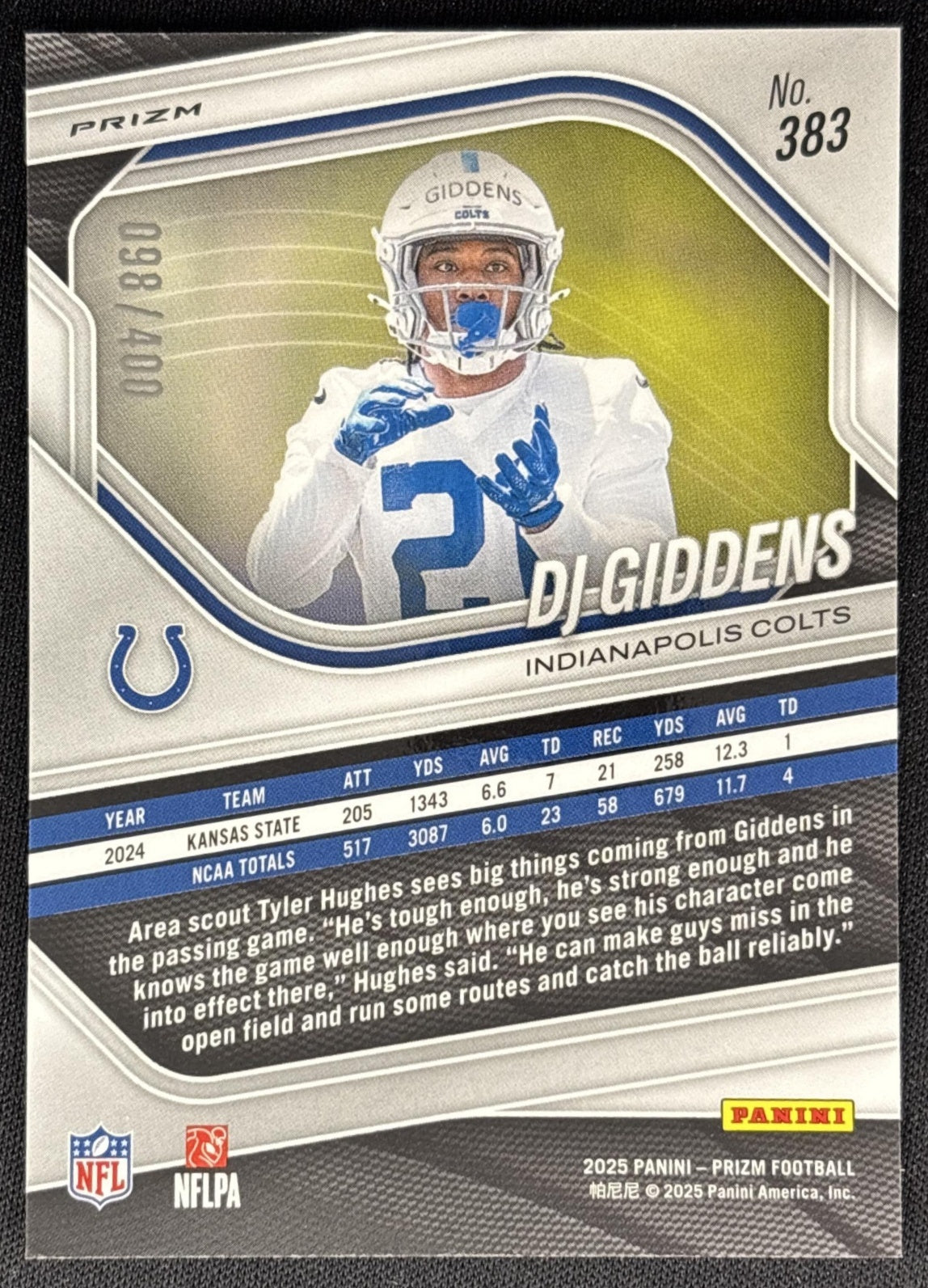 DJ Giddens 2025 Panini Prizm Pandora /400 Colts Sports Trading Cards