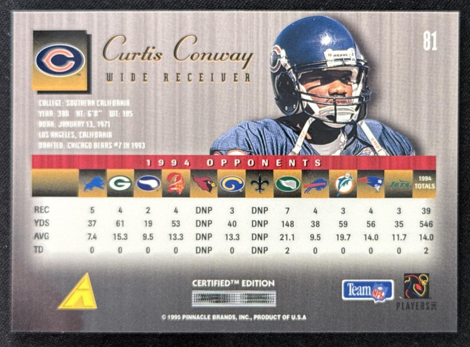 Curtis Conway 1995 Pinnacle Select Certified Bears Sports Trading Card