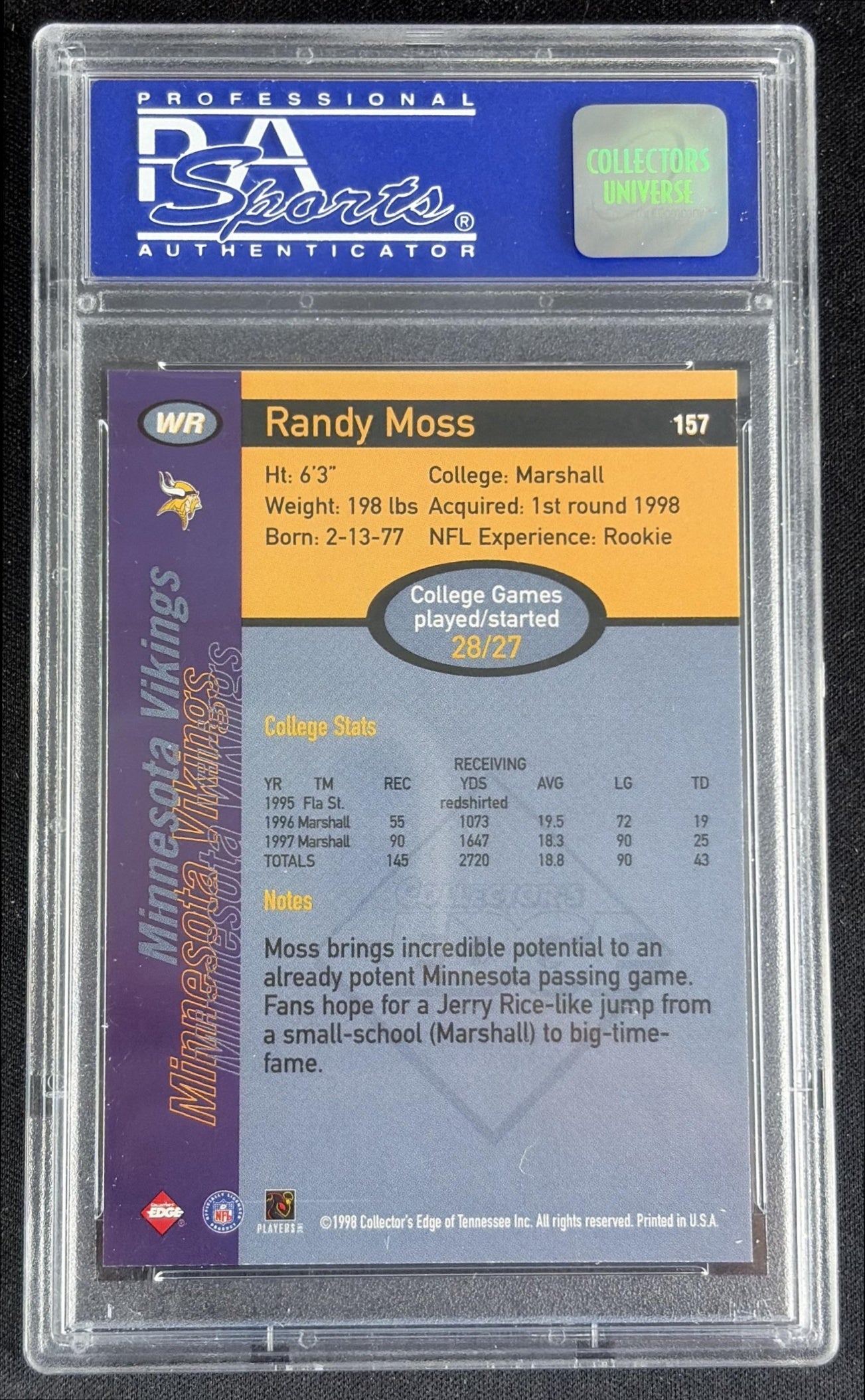 Randy Moss 1998 Collector's Edge First Place Record Setters PSA 9 Vikings 10792150 - back