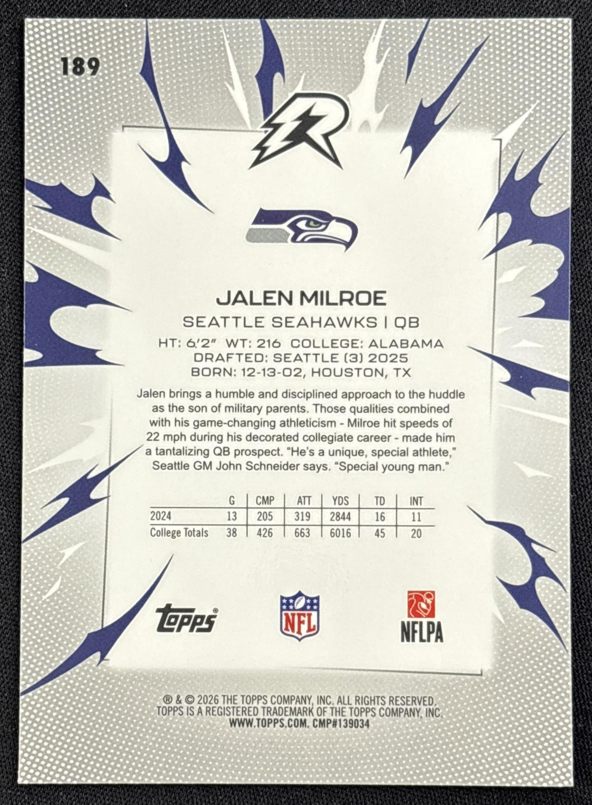 Jalen Milroe 2025 Topps Resurgence Navy Surge Refractor /275 Seahawks