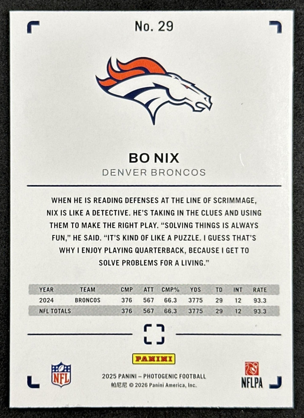 Bo Nix 2025 Panini PhotoGenic Blue /49 Broncos Sports Trading Cards