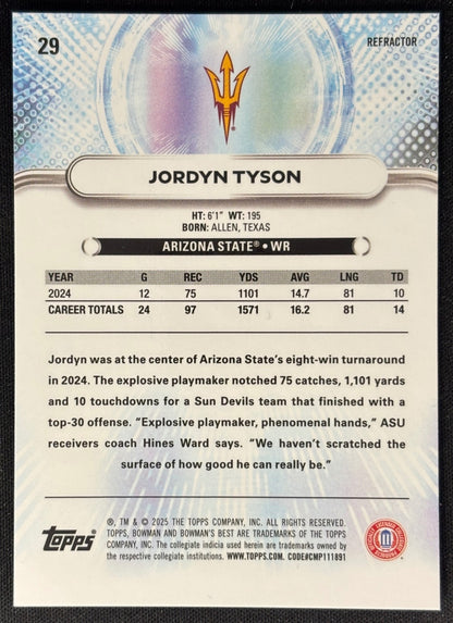 Back of Jordyn Tyson 2025 Best University Refractor Sun Devils