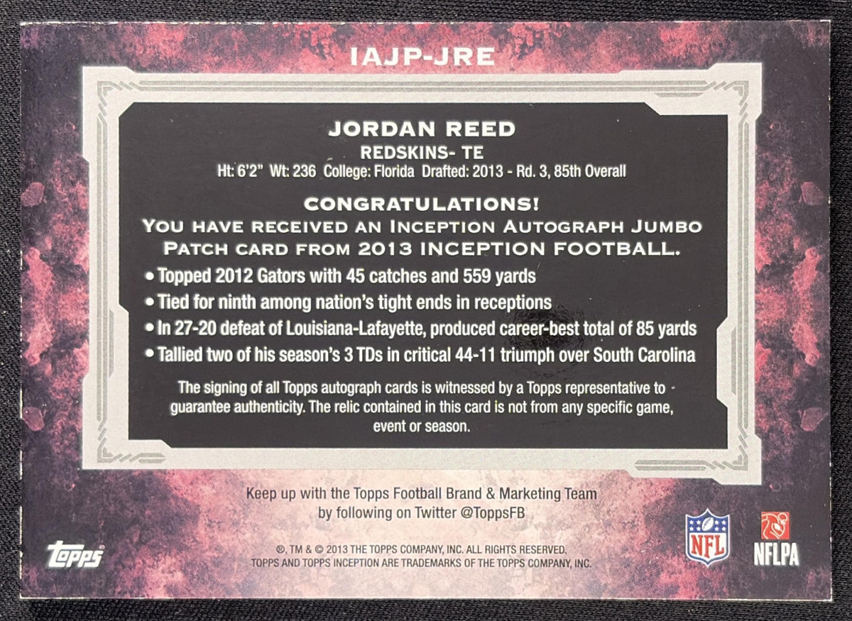 Jordan Reed 2013 Topps Inception Auto Jumbo Patches Green /75 Redskins Sports Trading Card