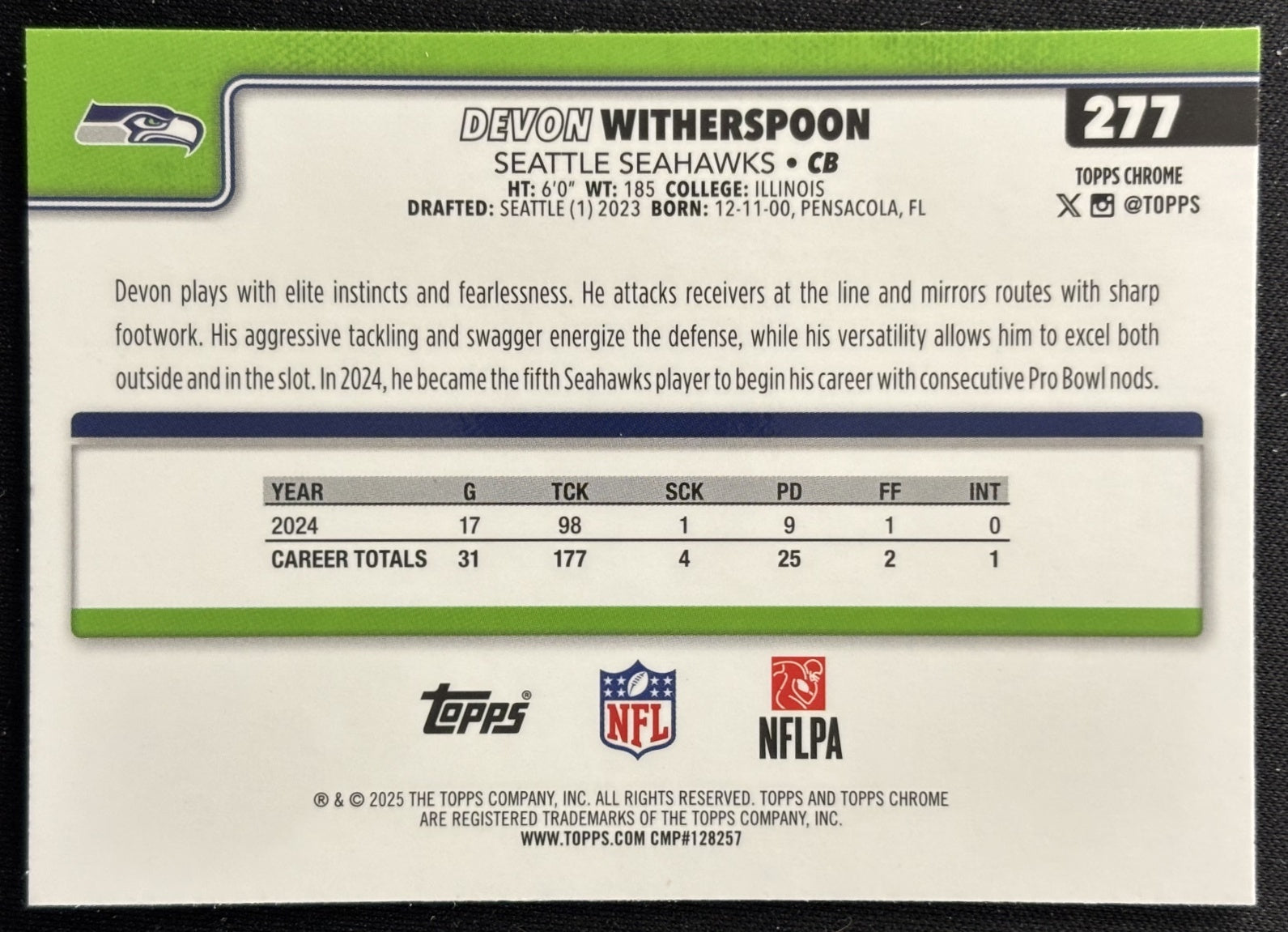 Devon Witherspoon 2025 Topps Chrome Seahawks Sports Trading Cards