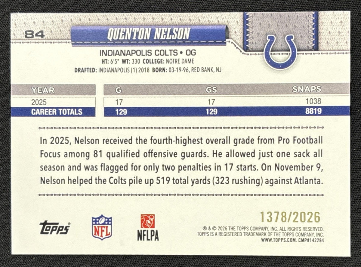 Quenton Nelson 2026 Topps Gold /2026 Colts