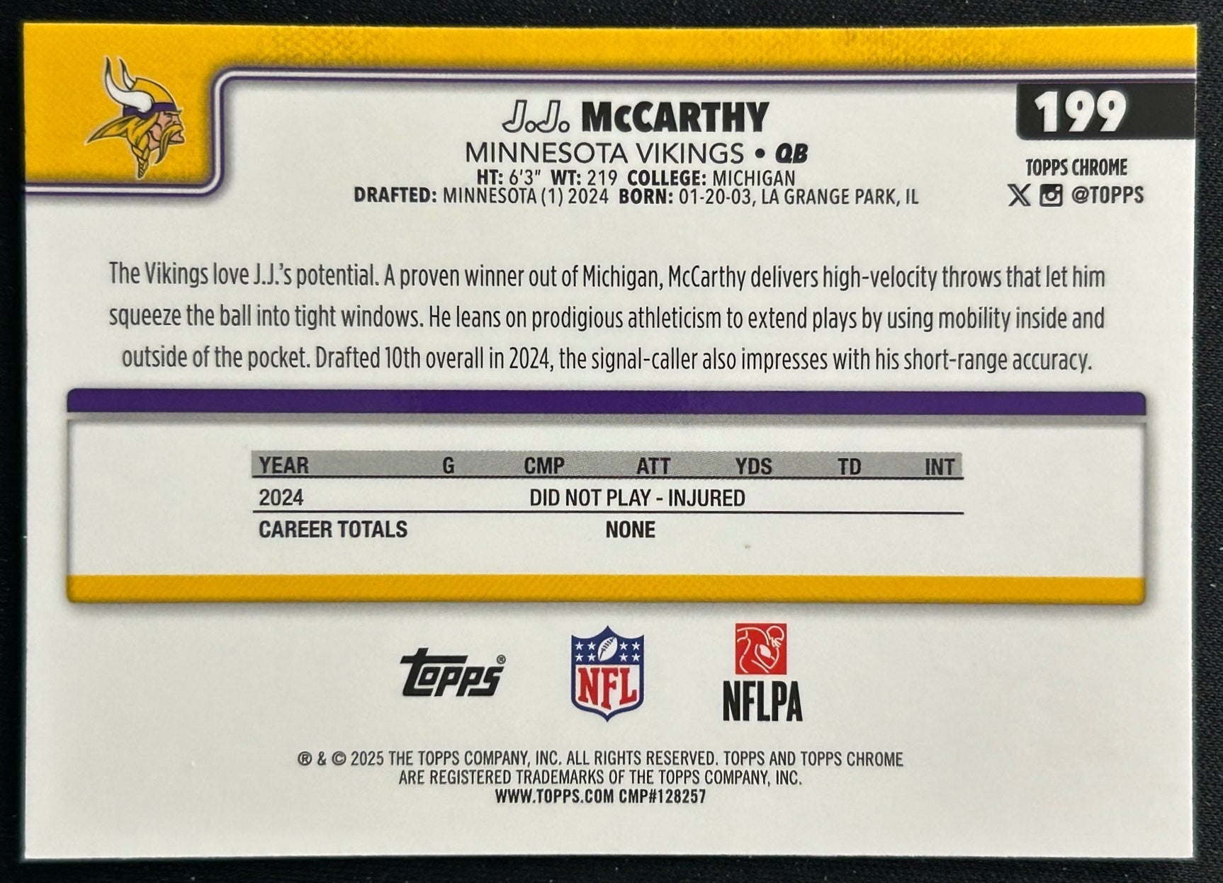 J.J. McCarthy 2025 Topps Chrome Vikings Sports Trading Cards
