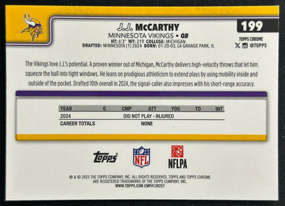 J.J. McCarthy 2025 Topps Chrome Vikings Sports Trading Cards