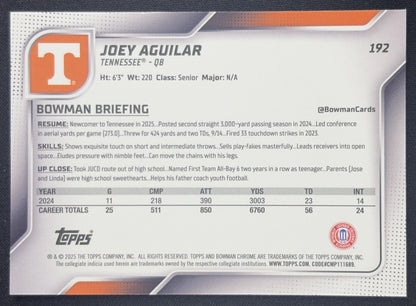 Joey Aguilar 2025 Bowman Chrome University Prospects Lime Green Refractor /275 Volunteers Sports Trading Card