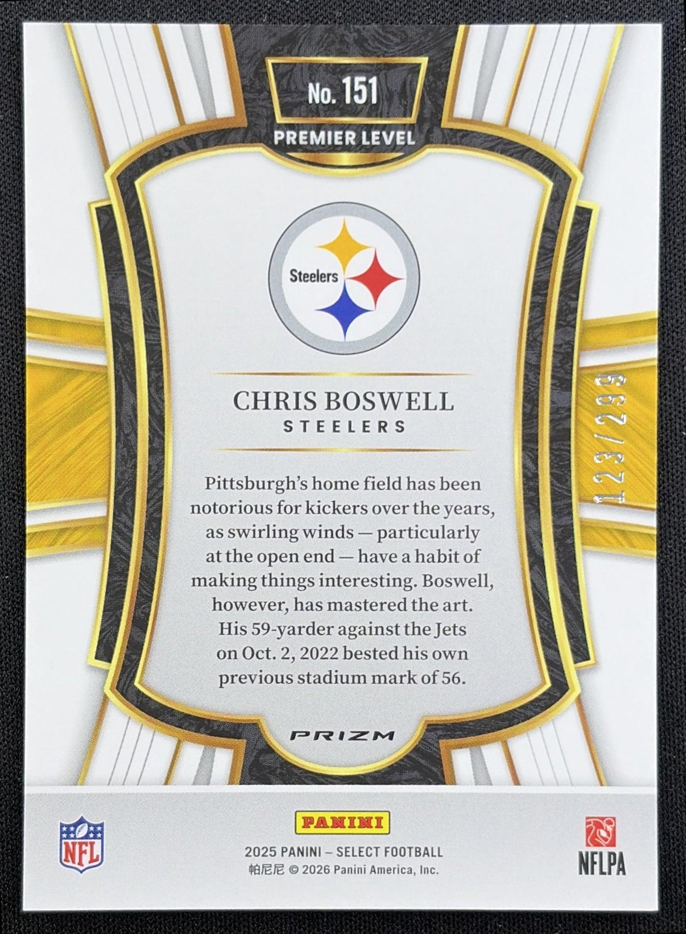 Chris Boswell 2025 Panini Select Premier Level Tri-Color Prizm /299 Steelers back
