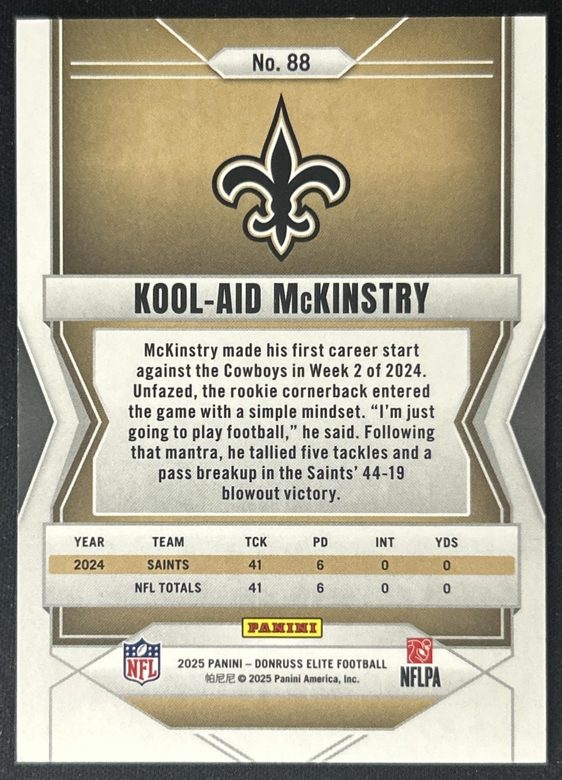 Kool-Aid McKinstry 2025 Panini Donruss Elite Lavender Pyramids /649 Saints back