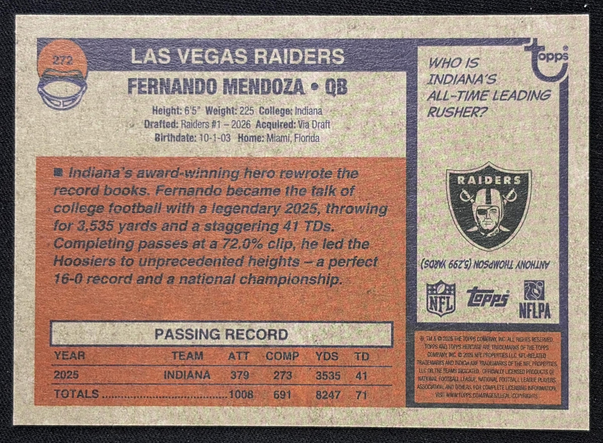 Fernando Mendoza 2026 Topps Heritage Raiders